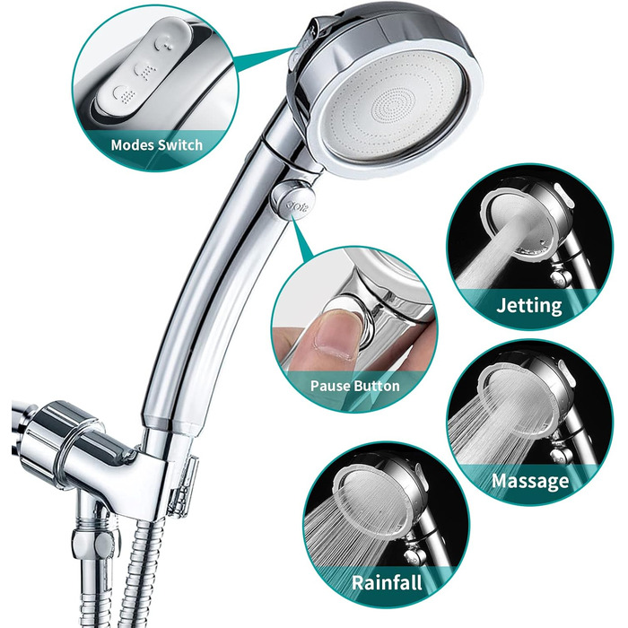MIAOHUI Modern Handheld Showerhead with On/Off Switch, High-Pressure Showerhead with Handheld, 3 Spray Settings, Detachable Showerhead with Hose, Adjustable Shower Holder (Brushed Nickel) (Chrome)