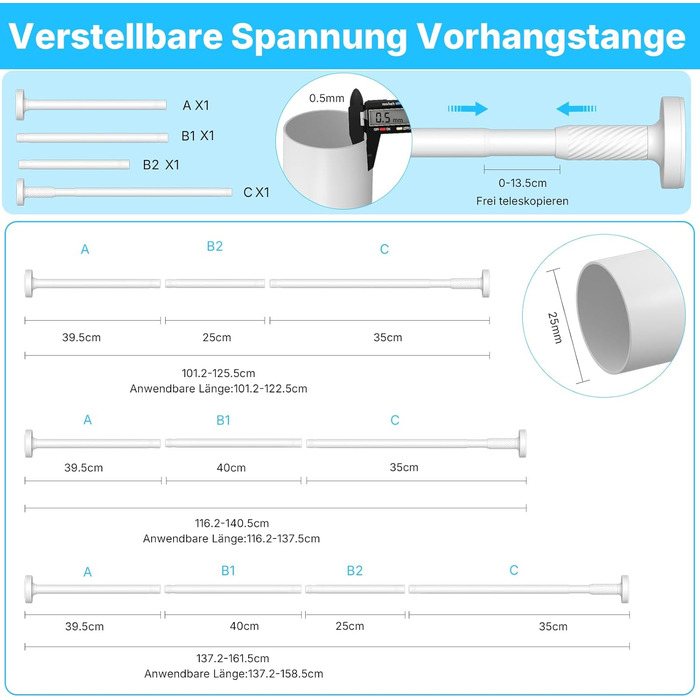 Штанга для карнизів без свердління, 100-230 см, регульована телескопічна штанга для душу, вікна та балкону (діаметр 25 мм, білий)