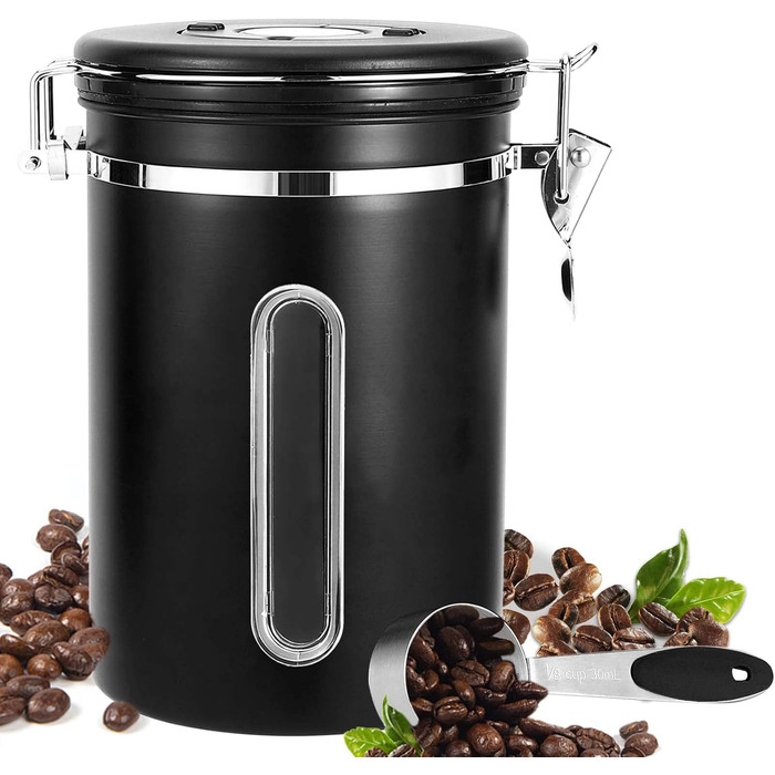 Контейнер для кави Royouzi, 1.8л, нержавіюча сталь, з ложкою, вакуумний, чорний