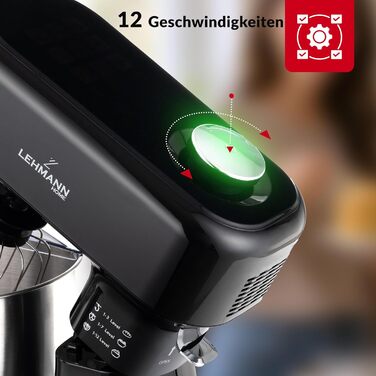 Кухонна машина Lehmann з дисплеєм, 12 швидкостей, функція ферментації з підігрівом, вбудована вага, таймер, міксер з 3 насадками та 5л чашею