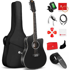 Електроакустична гітара Vangoa 41 дюйм, 12-струнна, чорна, з підсилювачем та 4-х смуговим еквалайзером