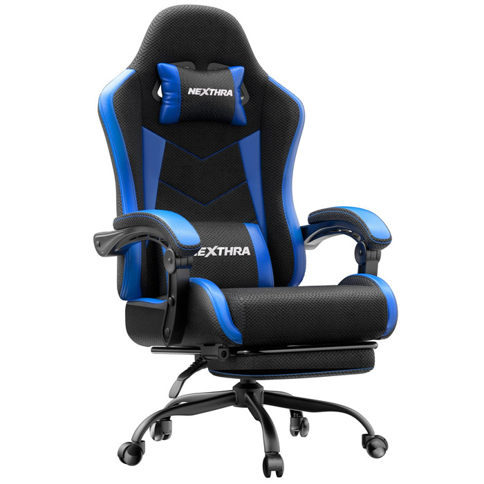Геймерське крісло Nexthra Ergonomisch з підставкою для ніг, до 180 кг, блакитне. Регульована спинка 150°, для геймінгу та офісу