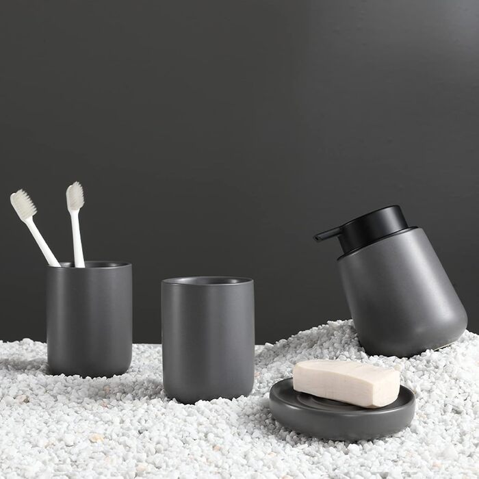 4-Piece Bathroom Accessories Set, Ceramic Bathroom Accessories Set with Soap Dispenser, Soap Dish, Toothbrush Holder, Elegant Matte Bathroom Set with Embossed Details, White (Gray)