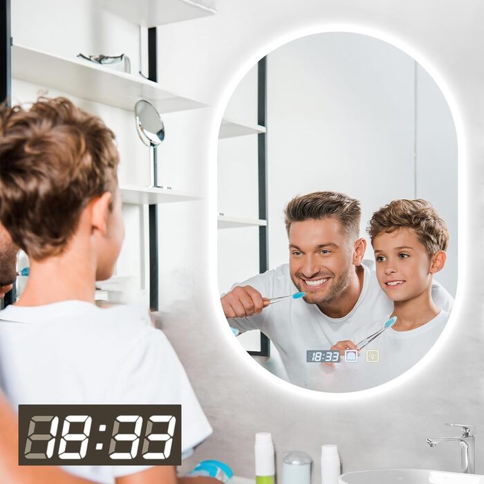 Дзеркало для ванної кімнати Viugreum з підсвічуванням 50x75 см, овальне LED дзеркало з регулюванням яскравості, 3 кольори світла, протитуманне покриття, годинник, сенсорне управління