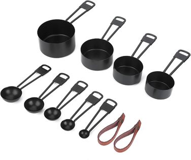 Qukaim Measuring Cup Set, 9-piece, black, stainless steel, including measuring spoons and scoops, kitchen and baking accessories, easy-to-read scale