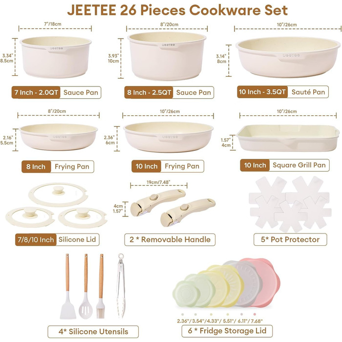 JEETEE Cookware Set, 4-Piece, 20/28 cm Frying Pan, With Detachable Handle, Granit Ceramic Non-Stick Cookware Set, Stackable Induction Pots Set, Suitable for All Cooktops, Oven Safe