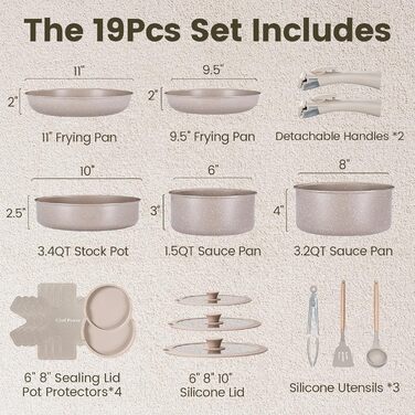 Набір посуду Chef Power Keramik 19 предметів, Мокка-Тауп: антипригарне, для індукції, посудомийна машина, духовка, для кемпінгу