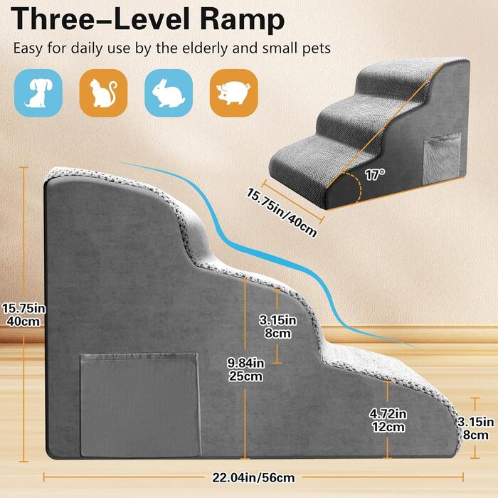 Сходинка для собак та котів 3 ступені, 40 см, протиковзка, для літніх тварин, з щільного піноматеріалу, знімна та миється, портативна рамка для собак, котів, софи, ліжка, авто