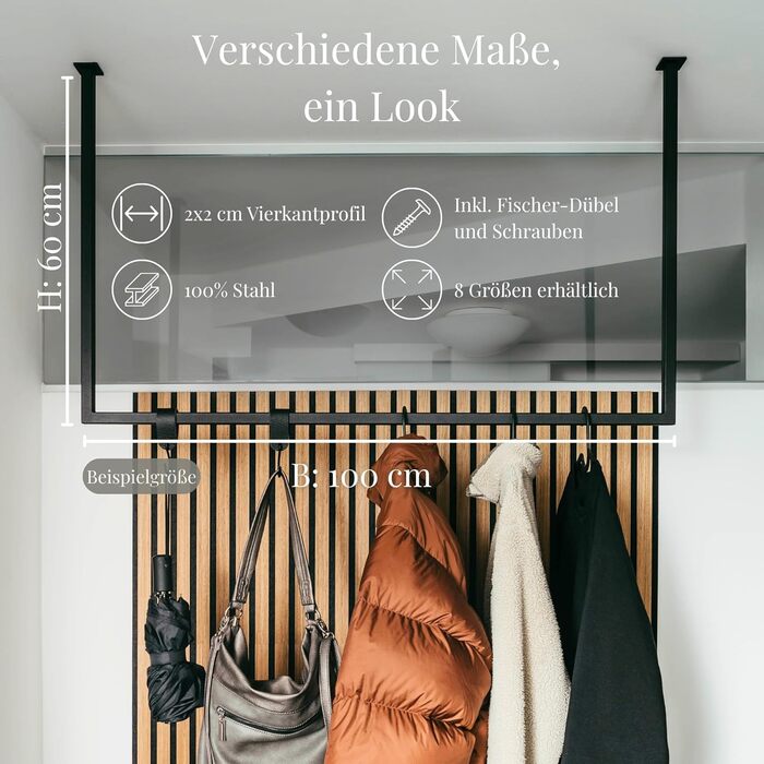 Ceiling-Mounted Clothes Rail, Black Metal - Wardrobe Rail, Ceiling-Mounted, 30 kg Load Capacity - Handmade & Powder-Coated - Hanging Clothes Rail, W80cm x H60cm
