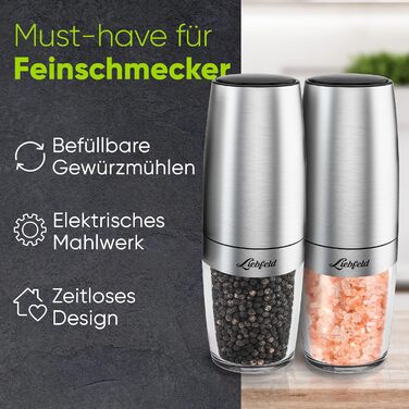 Електричні млини для солі та перцю Liebfeld (2 шт.) з датчиком нахилу - набір з нержавіючої сталі з керамічним жорном