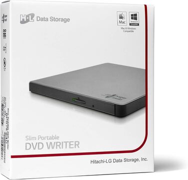 Зовнішній DVD-привід Hitachi-LG GP57, портативний Slim DVD-плеєр та записник для ноутбука та ПК, USB 2.0, сумісність з Windows та Mac OS, швидкість 8x, сріблястий