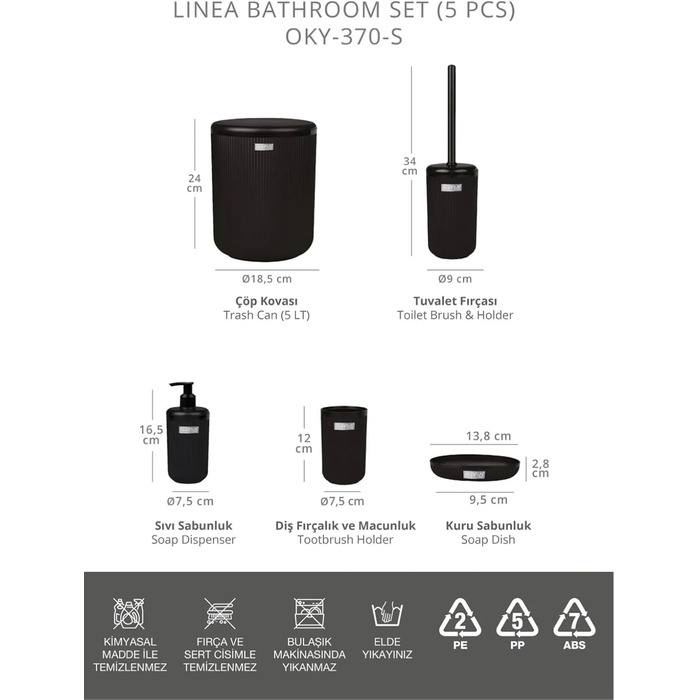 Набір аксесуарів для ванної кімнати Luxus Modern: тримач для зубних щіток, стакан, контейнер для ватних паличок, тримач для туалетного йоржика, мильниця, сміттєвий бачок, дозатор мила (5 предметів, чорний)