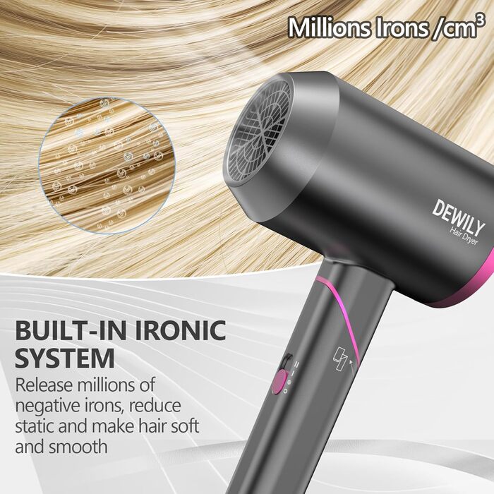 Складаний фен DEWILY Profi: потужний, тихий, для подорожей, 3 режими, 2 насадки (сірий)