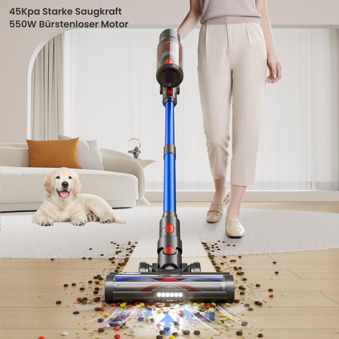 Avalsor Cordless Vacuum Cleaner 45000Pa/550W/70Min, 1.5L Capacity with LED Touchscreen and Anti-Tangle Brush, Cordless Vacuum Cleaner with 8-Layer Filter for Hard Floors/Carpets/Pet Hair Blue