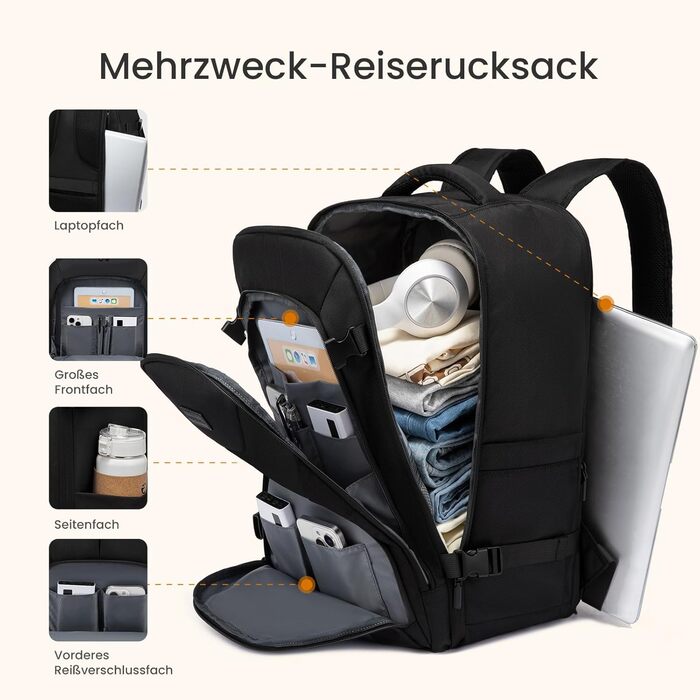 LOVEVOOK Рюкзак ручної поклажі 40L, великий розширюваний туристичний рюкзак для чоловіків, рюкзак для ноутбука 17 дюймів, валіза-рюкзак, ручна поклажа для подорожей, чорний