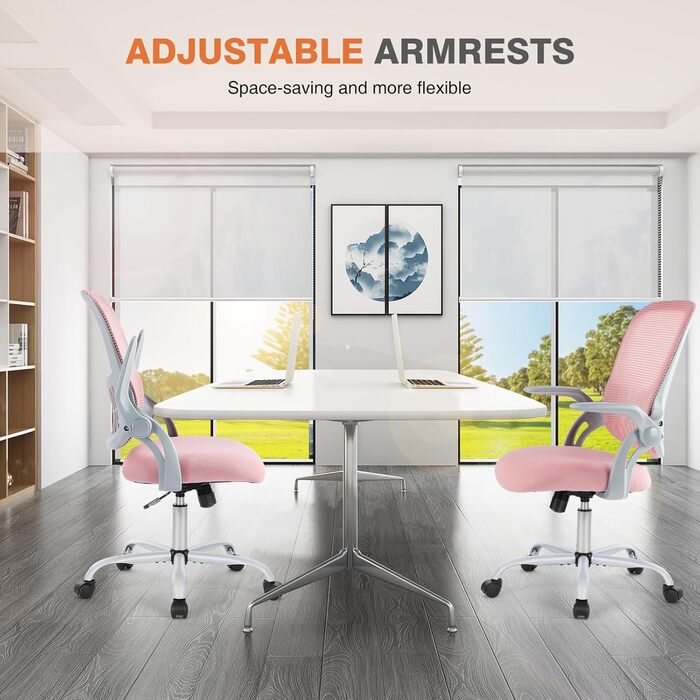Ергономічне крісло для офісу Sweetcrispy з підйомними підлокітниками, регульованою висотою, функцією гойдання до 120° та сітчатим спинком. Підходить для дому, офісу та навчання. Колір: світло-рожевий. Розміри: 47 x 51 x 105 см