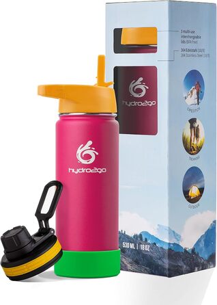 Stainless Steel Kids' Drinking Bottle - 100% Leakproof, BPA-Free with 2 Lids (Straw and Sport Cap) - Thermo Bottle for Children (Pink) - 500ml