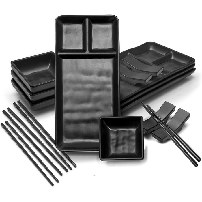 Японський набір суші на 16 осіб – 4 тарілки, 4 мисочки для соусу, 4 пари паличок, 4 підставки – з меламіну, чорний