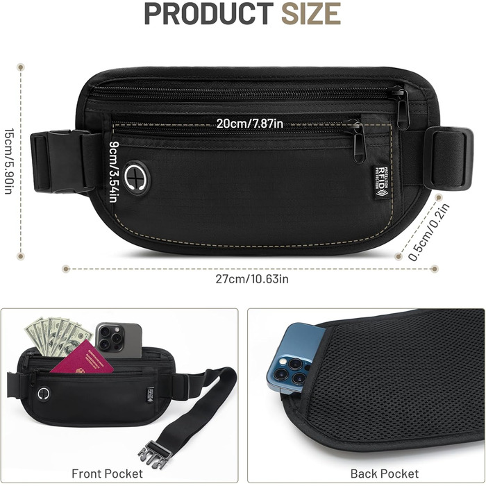 Водонепроникна поясна сумка з RFID захистом та антикрадійним замком для подорожей та спорту (Чорний)