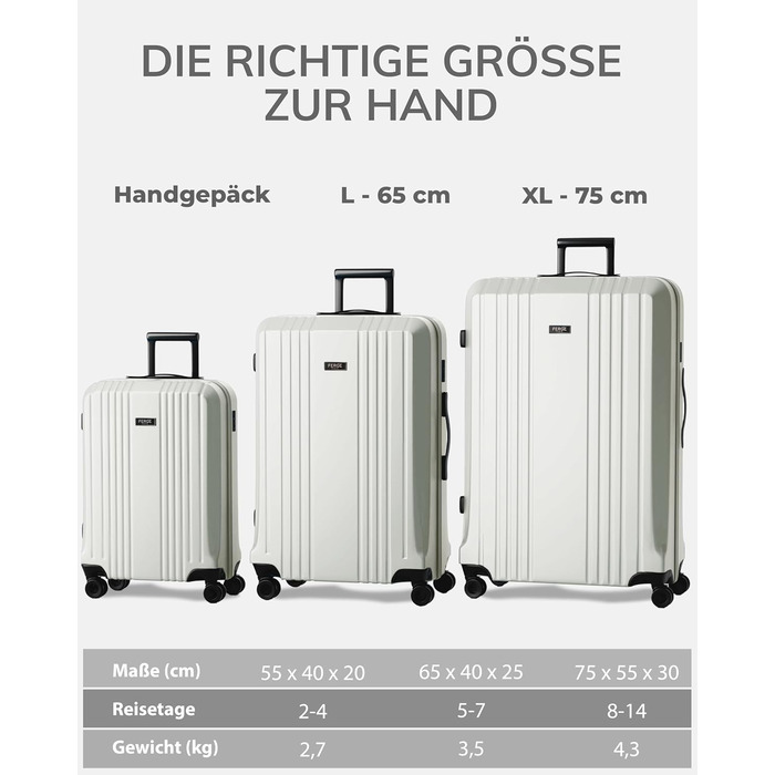 Набір валіз FERGÉ 3 шт. з жорстким корпусом та TSA-замком. Валізи-троліки (ручна поклажа, L, XL). Жорсткі валізи з міцного полікарбонату (3 шт., Ivory-matt)