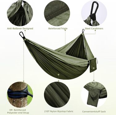 Гамак для відпочинку на природі та кемпінгу: міцний, ультралегкий, для одного або двох, 300 кг, 200 x 300 см, нейлон, зелений (хакі)