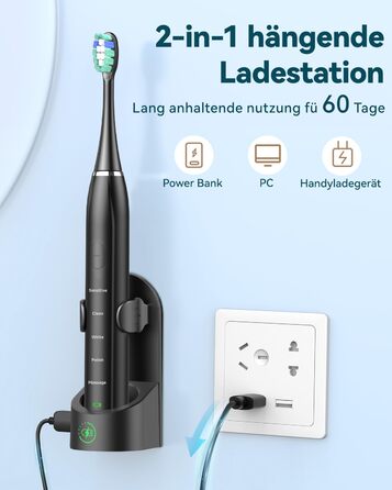 Електрична звукова зубна щітка для дорослих - відбілювання, ультразвукова, з кейсом для подорожей та зарядною станцією, 8 насадок, 5 режимів чищення (Чорна)