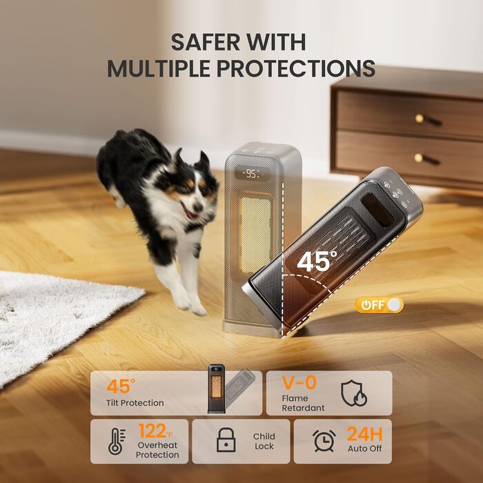 Електричний обігрівач 1500W, керамічний, тихий, з таймером 12 годин, осциляція 70°, захист від перегріву та перекидання, сумісний з Alexa & Google Assistant, чорний, 1 шт. + 4 режими