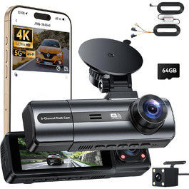 Відеореєстратор 4K Auto Передній та Задній з Хардвайр Кітом, WiFi, Паркувальний Моніторинг, 64GB SD Карта, 3-Канальна Автокамера з Нічним Баченням, 170° Широкий Кут, WDR, G-Сенсор, Циклічна Запис, Керування через APP