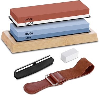 Набір для заточування ножів Aoresac: професійний шліфувальний камінь з різною зернистістю (400/1000/3000/8000) з неслизькою основою, камінь для заточування площини, кутовий шаблон, брусок для полірування. У подарунковій коробці