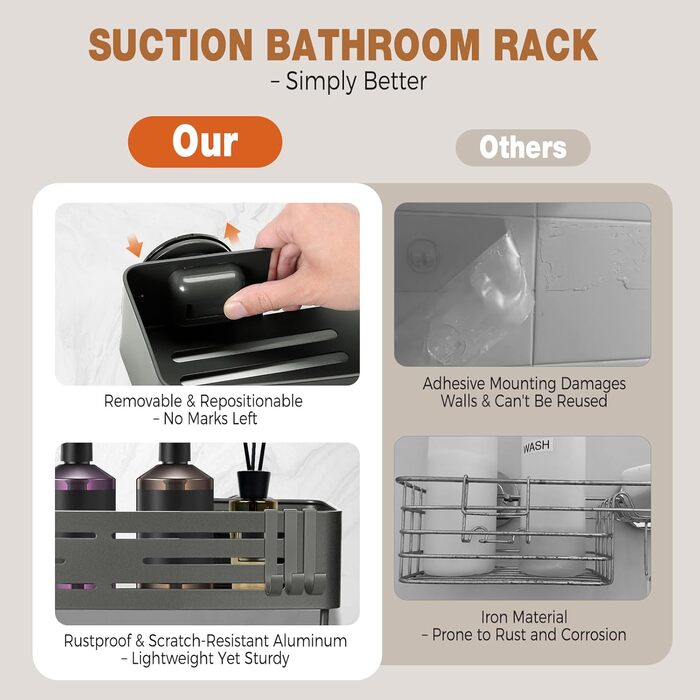 Сучасна поличка для душу Lekesky, стійка до іржі, 2 шт., Gunmetal Grey, алюміній, на присосках, без свердління, з 12 гачками, прямокутна