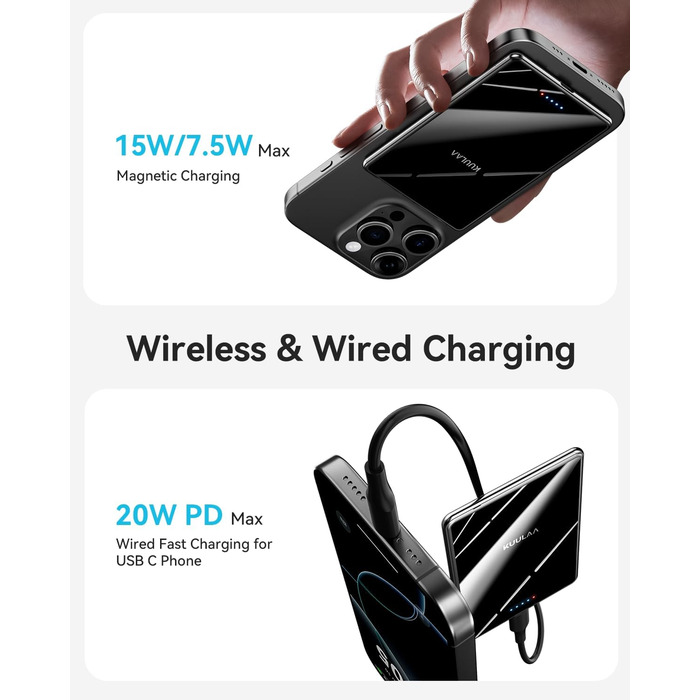 Power Bank Kuulaa Ultra Slim 5000 mAh з MagSafe, Type-C 20W, Швидка зарядка, 7.2 мм, для iPhone 16/15/14/13/12, чорний