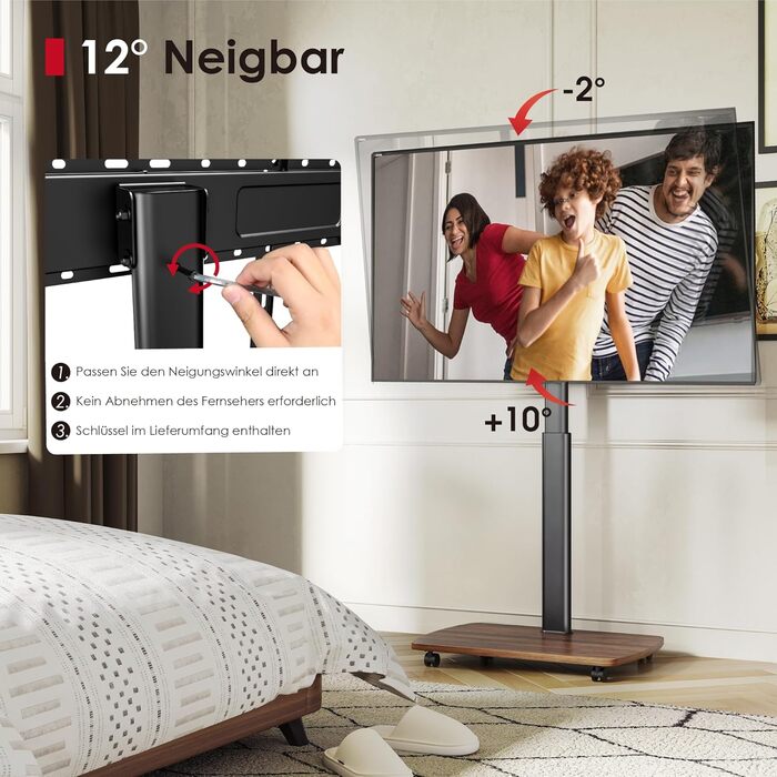 AOKCOS Rolling TV Stand with Wood Shelf - Adjustable Height & Swivel - Fits 43-75 Inch TVs (up to 50kg) - VESA 600x400mm - White+Natural (Black+Vintage Brown)