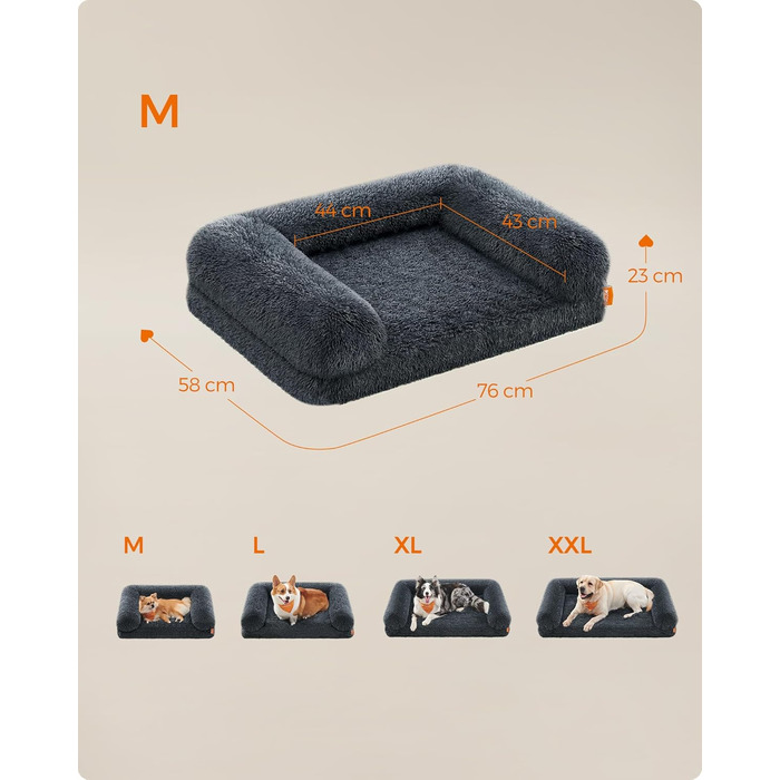 Feandrea FluffyHug Dog Bed, Dog Cushion Size XL, Dog Mat for Medium and Large Dogs, Dog Sofa with Ruffled Foam, Removable and Washable Cover, 106 x 80 x 23 cm, Ombré Gray PGW233G01 (M (76 x 58 x 23 cm), dark gray)