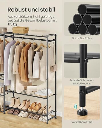 SONGMICS Стійка для одягу, відкритий шафа, вішалка для одягу з 10 полицями, 3 перекладинами, 4 гачками, металевий каркас, для спальні, вітальні, передпокою, чорний LGR011BZ01 206,4B см