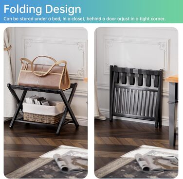 SMIBUY Luggage Rack, Foldable Bamboo Suitcase Stand with Storage Shelves for Guest Room, Bedroom, Hotel, Heavy Duty (Black)
