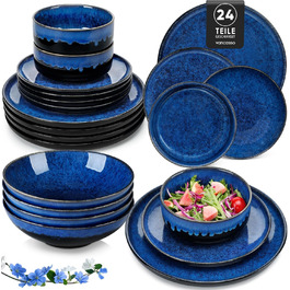 Vancasso Starry 24-Piece Blue Stoneware Dinnerware Set for 6 - Complete Tableware Set with Plates, Bowls
