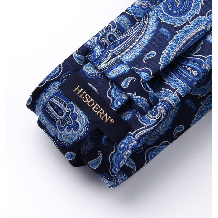 Краватка чоловіча HISDERN 160 см, з кишеньковим хустинкою, для весілля та бізнесу, шовкова, елегантна, синій візерунок Paisley