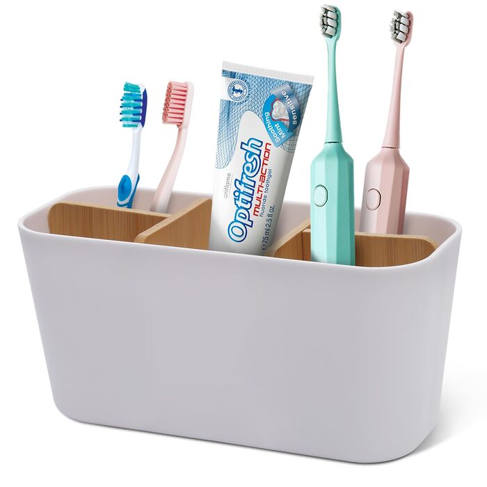 Тримач для зубних щіток з бамбуковими перегородками, органайзер для зубних щіток та пасти, для ванної кімнати, офісу, сім'ї, білий
