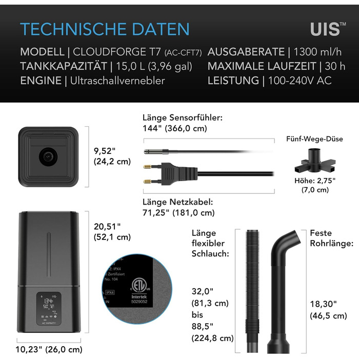 AC Infinity CLOUDFORGE T3 – Увлажнитель воздуха для растений 4,5 л с контролем VPD, 10-ступенчатый распылитель, удлиняемый шланг, защита от протечек, для гроубоксів (15 л)