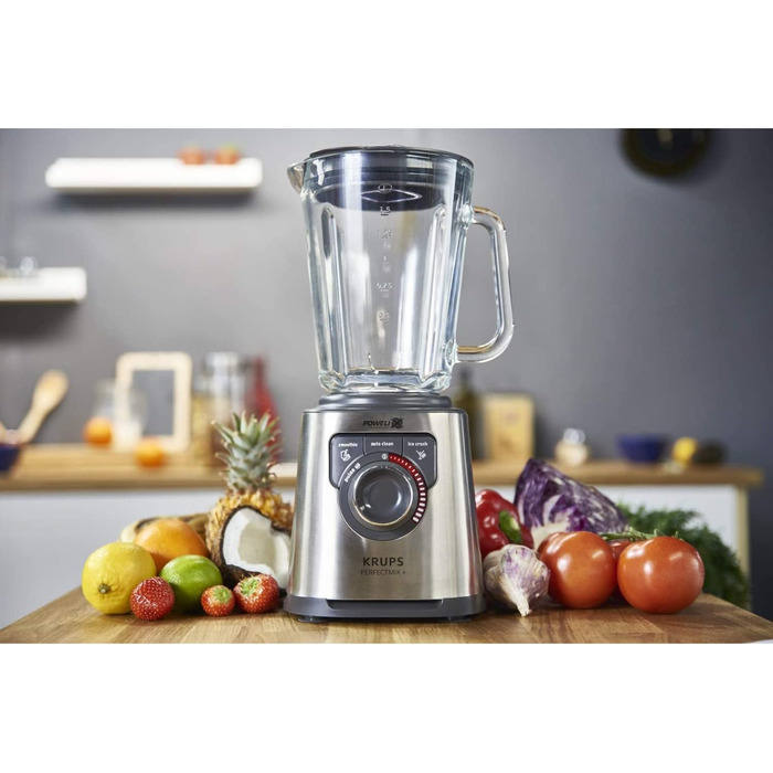Krups KB403D Perfectmix + High-Performance Blender | 1.200W | 28,000 RPM | 2L Glass Container | 3 Pre-Set Programs | Powelix Technology | Stainless Steel/Dark Grey