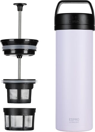 ESPRO – P0 Ultralight – French Press Coffee Maker for Single Servings and Lightweight Travel Water Bottle for Travel, Camping, and Daily Use, Stainless Steel, Vacuum Insulated, 16 oz (Frost Wisteria) Frost-Glycinie Modern