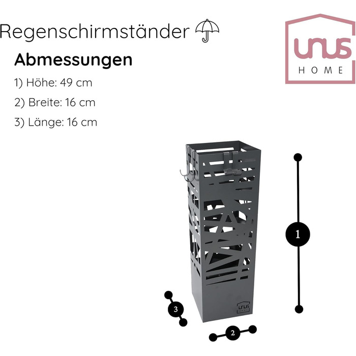 Стійка для парасоль з піддоном для води, 4 гачки, 16x16x49 см, сіра, UNUS