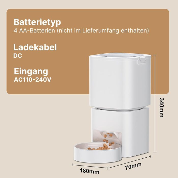 Автоматичний годівниця для котів та собак 5L з Wi-Fi, керування через додаток, 1-10 прийомів їжі на день