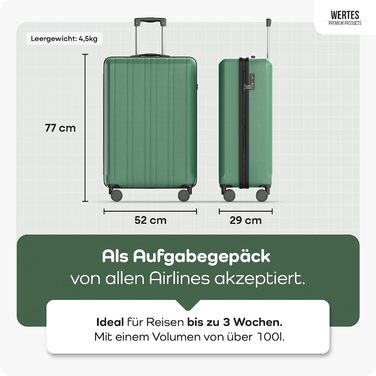 Чемодан великий 100L з TSA замком, жорсткий корпус, подвійні колеса, валіза на колесах (77см, лісовий зелений)