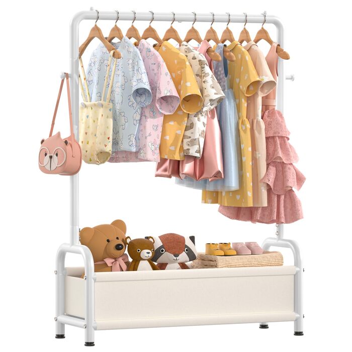 Дитяча вішалка для одягу Kinder Garderobe 80x30x125 см, біла. З гачками та кошиком для зберігання, U-подібна основа.
