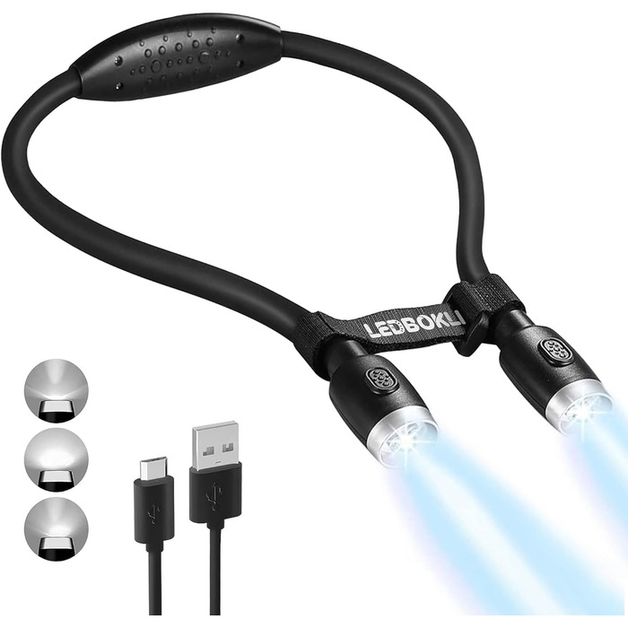 LED-лампа для читання LEDBOKLI з кріпленням на книгу, акумуляторна, 800mAh, 3 режими яскравості, гнучка шийка, 28 см, чорна