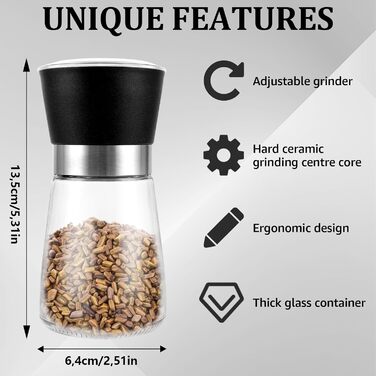 Набір з 8 мельниць для солі та перцю, ручні, з регульованим керамічним жорном, 13.5X6.4 см, прозорі, для різних спецій