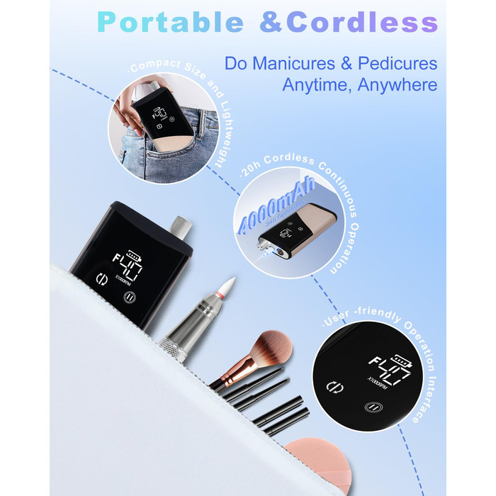 Професійний фрезер для нігтів ENGERWALL M95G: 40000 об/хв, акумулятор 24 год, бездротовий, з LCD, для гелю та акрилу