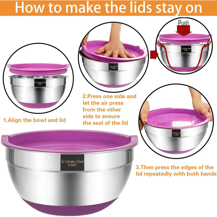 Umite Boss Mixing Bowls with Airtight Lids, 6-Piece Stainless Steel Metal Bowls by Chef, Measuring Markings and Colorful Non-Slip Bottoms, Sizes 7, 3.5, 2.5, 2.0, 1.5, 1 QT, ideal for mixing