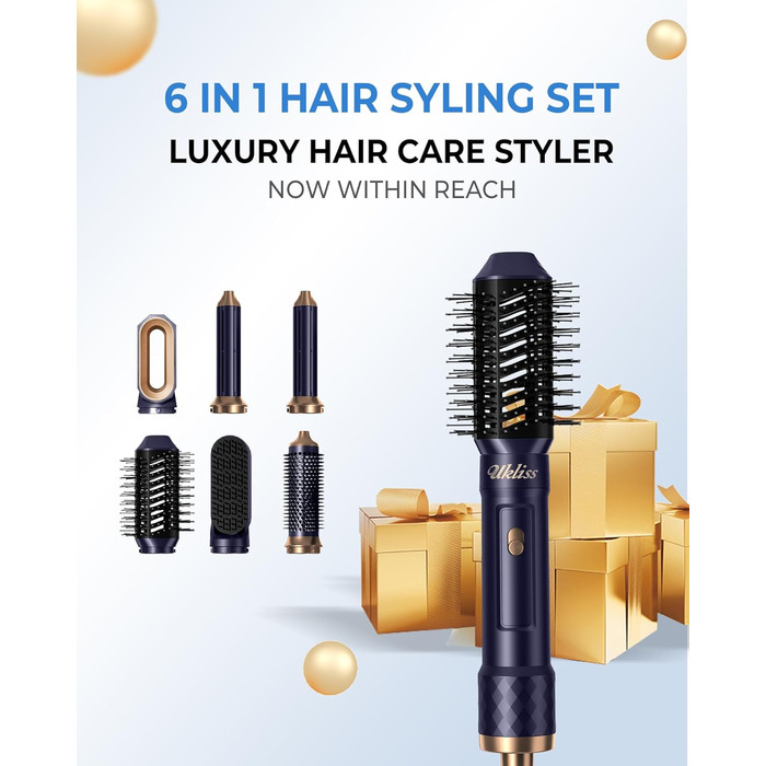 UKLISS Професійний стайлер для волосся 6-в-1, сушарка для волосся, набір для укладання, автоматична локонова щітка, фен-щітка, білий (блакитний)
